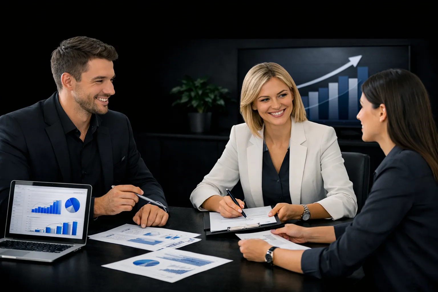 AssetFlex finance specialists reviewing loan options with a client